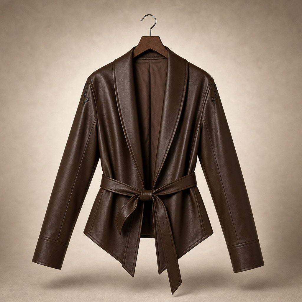Giselde | Wickeljacke aus Kunstleder mit Bindegürtel Braun – Produktfoto