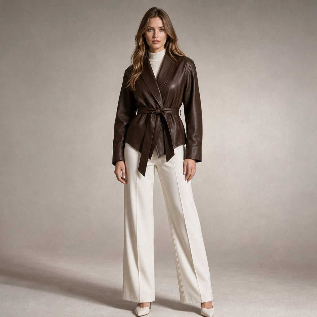 Giselde | Wickeljacke aus Kunstleder mit Bindegürtel in Braun – Premium Editorial
