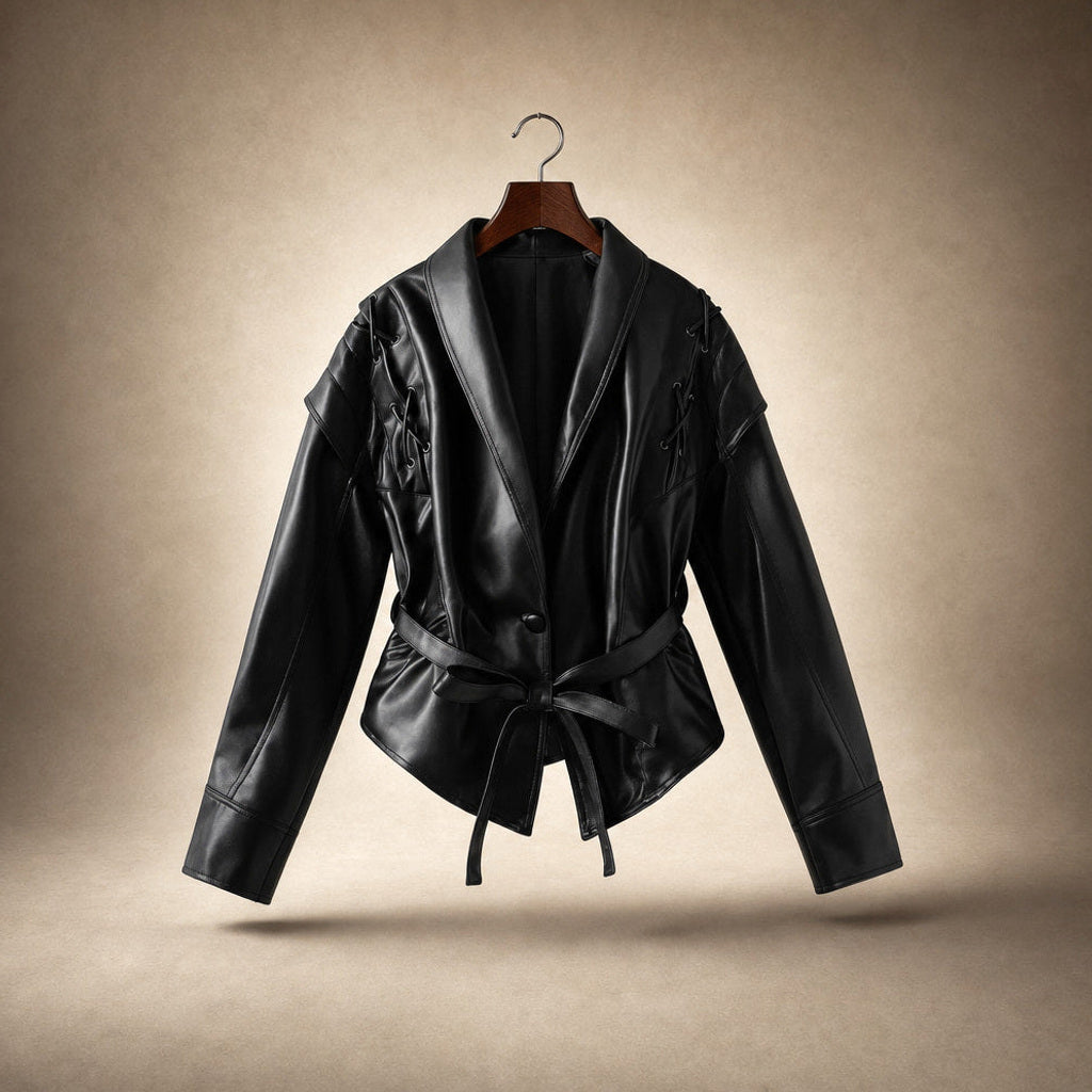 Giselde | Wickeljacke aus Kunstleder mit Bindegürtel Schwarz – Produktfoto