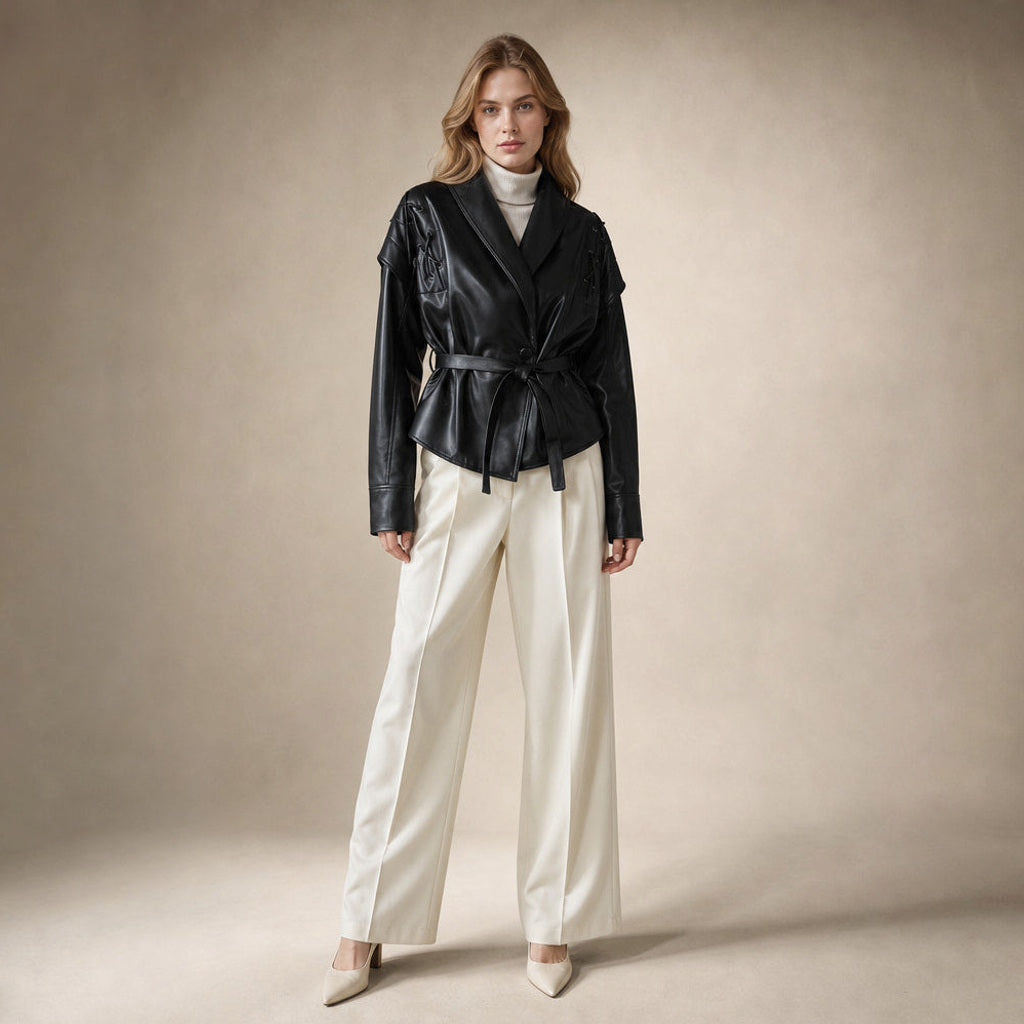 Giselde | Wickeljacke aus Kunstleder mit Bindegürtel in Schwarz – Premium Editorial