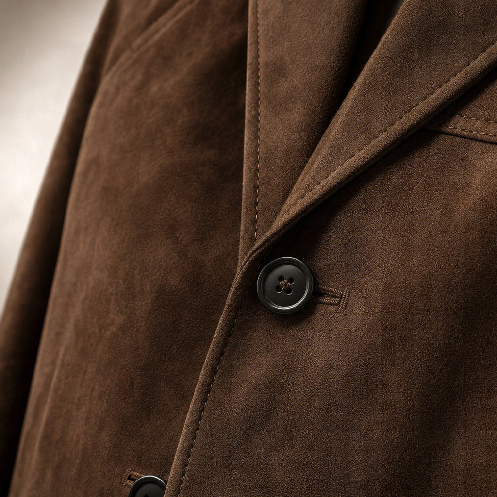 Gislinde | Blazer in Velourslederoptik Braun Braun – Stoff- und Detailaufnahme