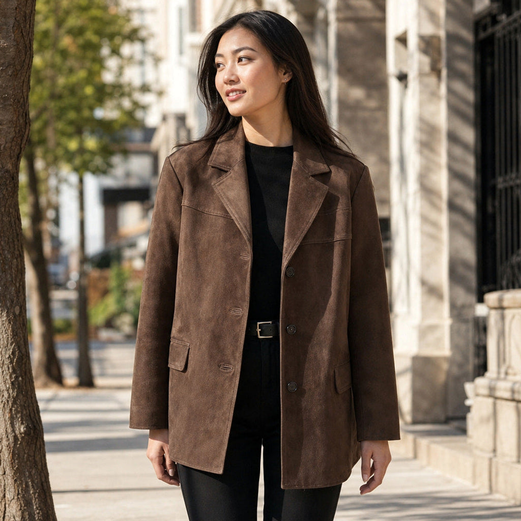 Gislinde | Blazer in Velourslederoptik Braun Braun – Gestyltes Editorial-Foto