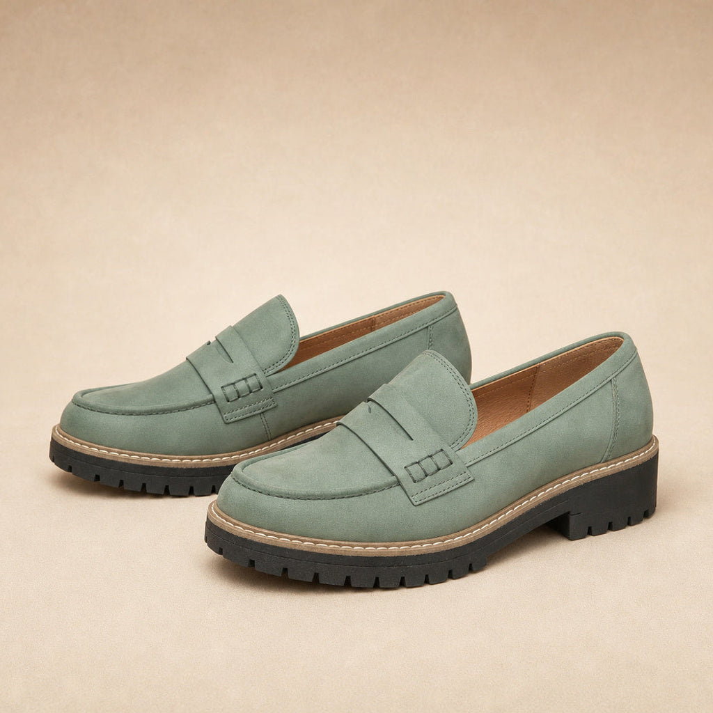 Godehild | Chunky Loafer mit Plateausohle und Rundkappe in Grün – Premium Editorial