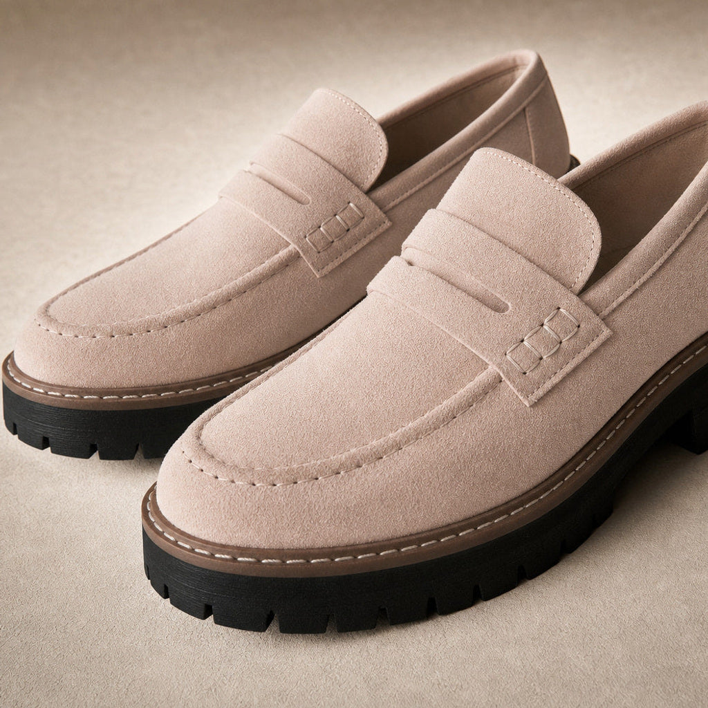 Godehild | Chunky Loafer mit Plateausohle und Rundkappe Pink – Stoff- und Detailaufnahme