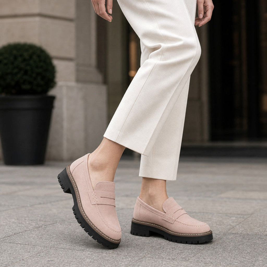 Godehild | Chunky Loafer mit Plateausohle und Rundkappe Pink – Gesamtlook
