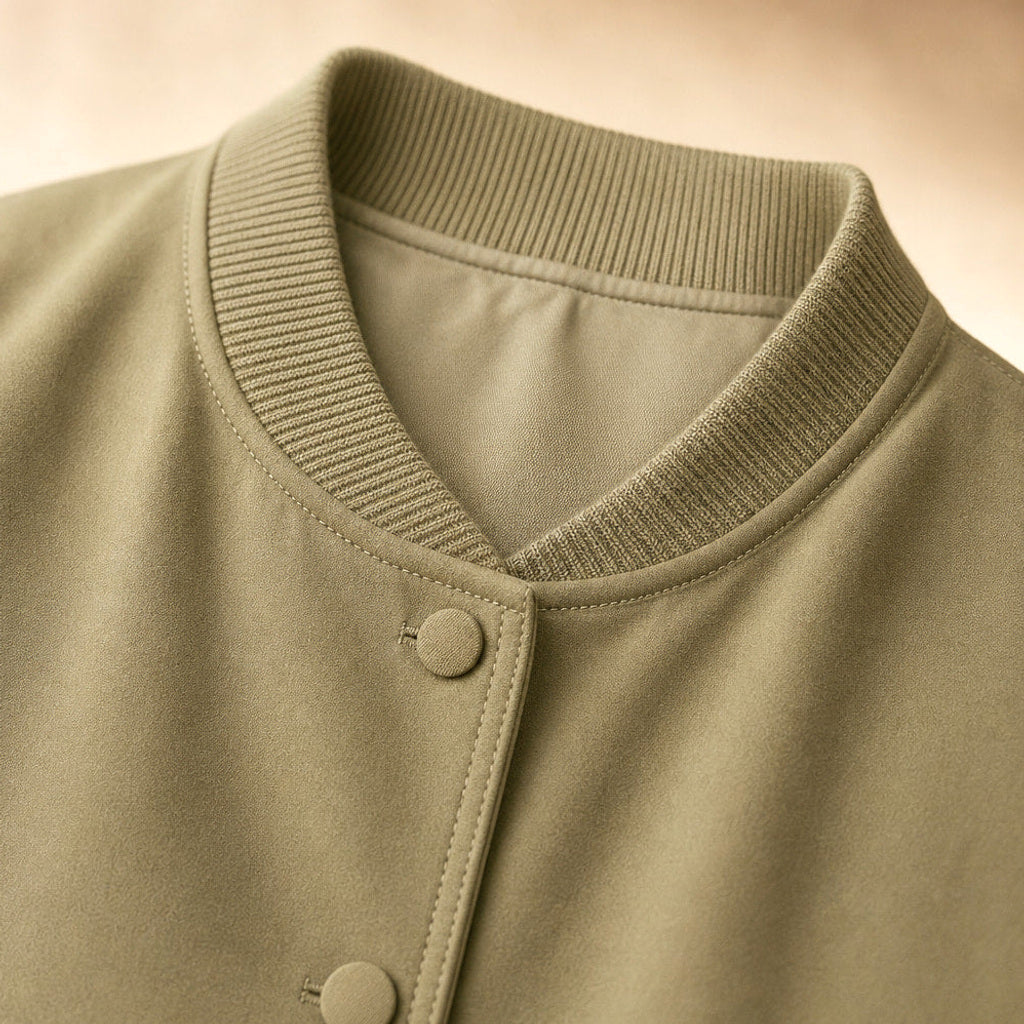 Godehilde | Bouclé Jacke mit Reverskragen und elastischem Saum Helloliv – Stoff- und Detailaufnahme