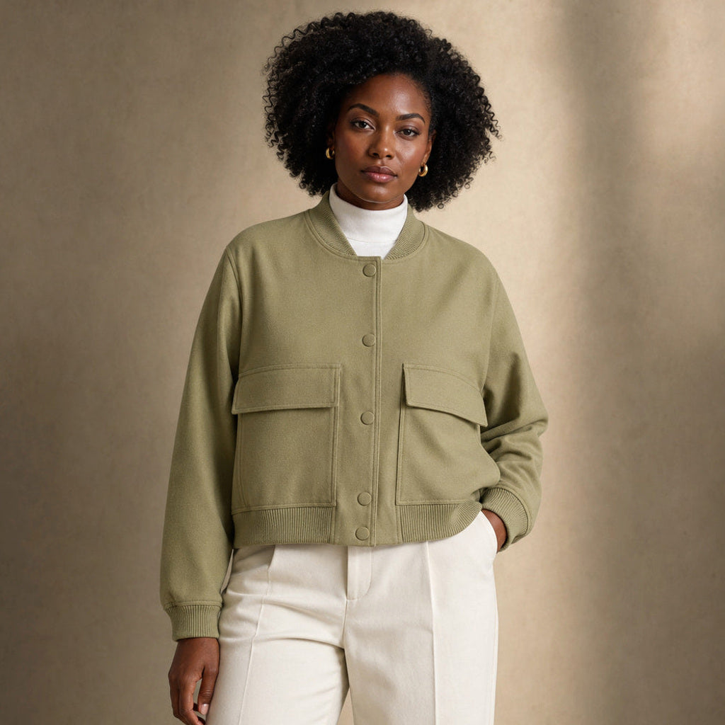 Godehilde | Bouclé Jacke mit Reverskragen und elastischem Saum in Helloliv – Premium Editorial