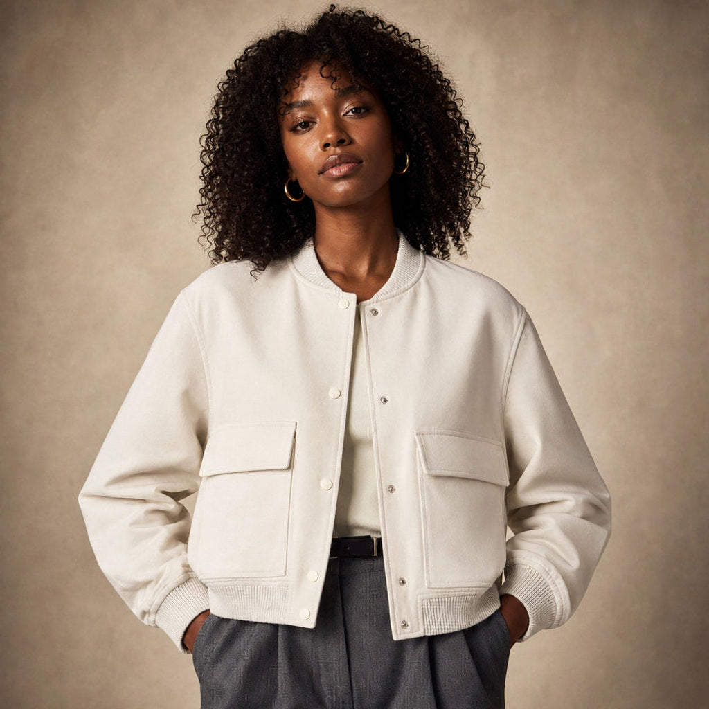 Godehilde | Bouclé Jacke mit Reverskragen und elastischem Saum Weiß – Produktfoto