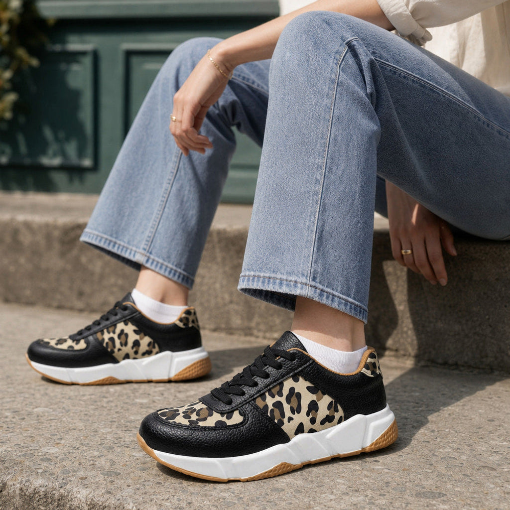 Gothilde | Plateau Sneaker mit Leopardenprint-Panel Schwarz – Seitenansicht