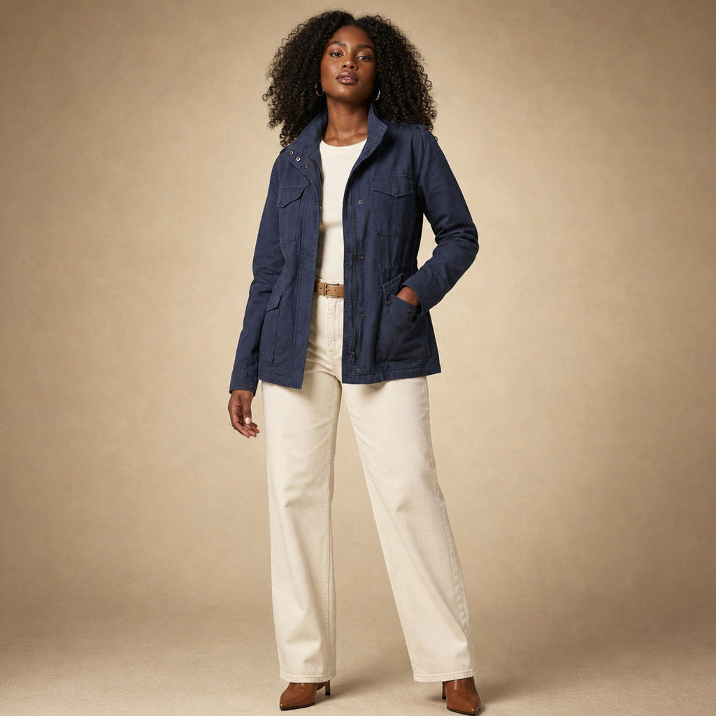 Gottlinde | Utility-Jacke mit Taillennaht und Pattentaschen Blau – Seitenansicht