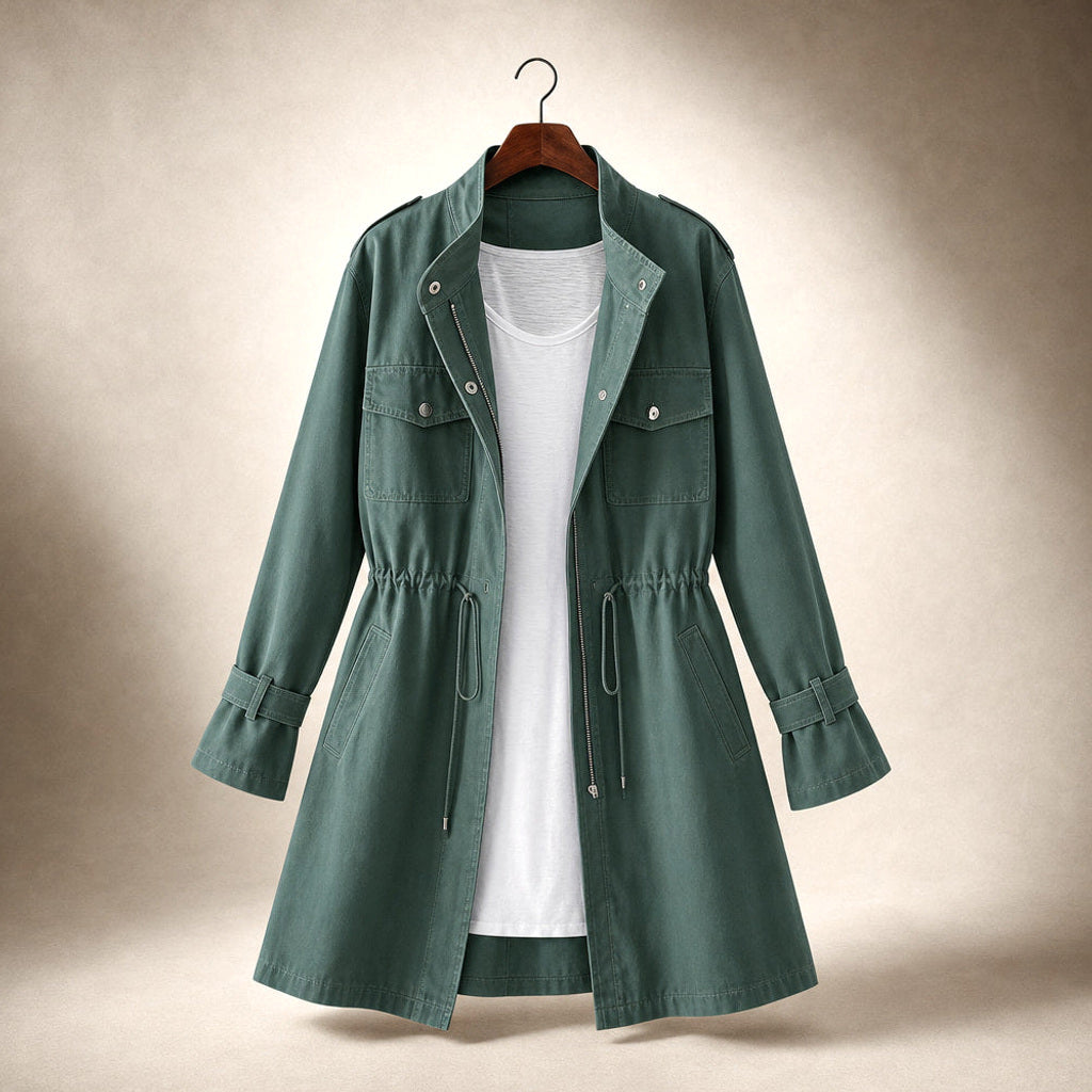Gretel | Kurzer Trenchcoat mit Bindegürtel Grün – Produktfoto