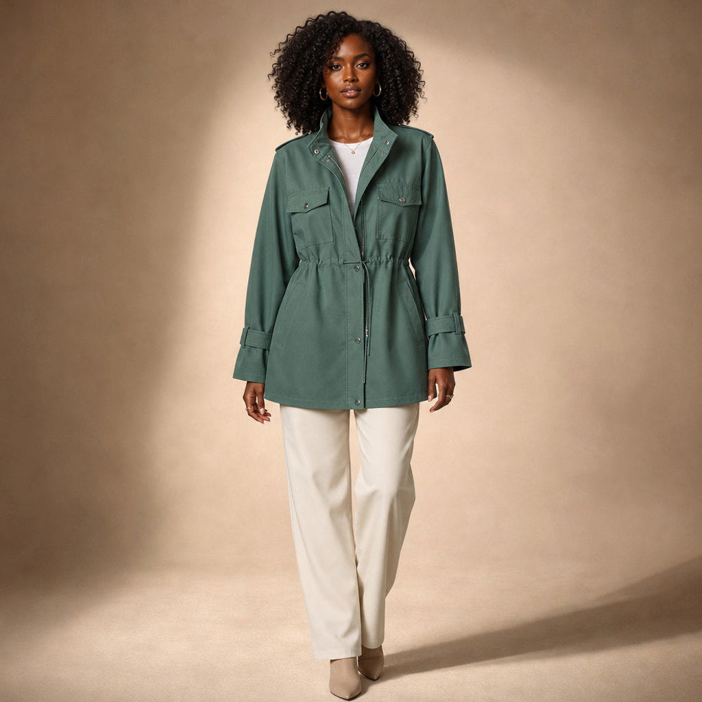 Gretel | Kurzer Trenchcoat mit Bindegürtel in Grün – Premium Editorial