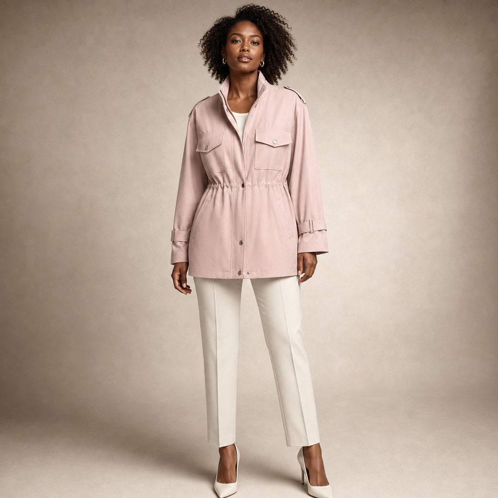 Gretel | Kurzer Trenchcoat mit Bindegürtel in Pink – Premium Editorial