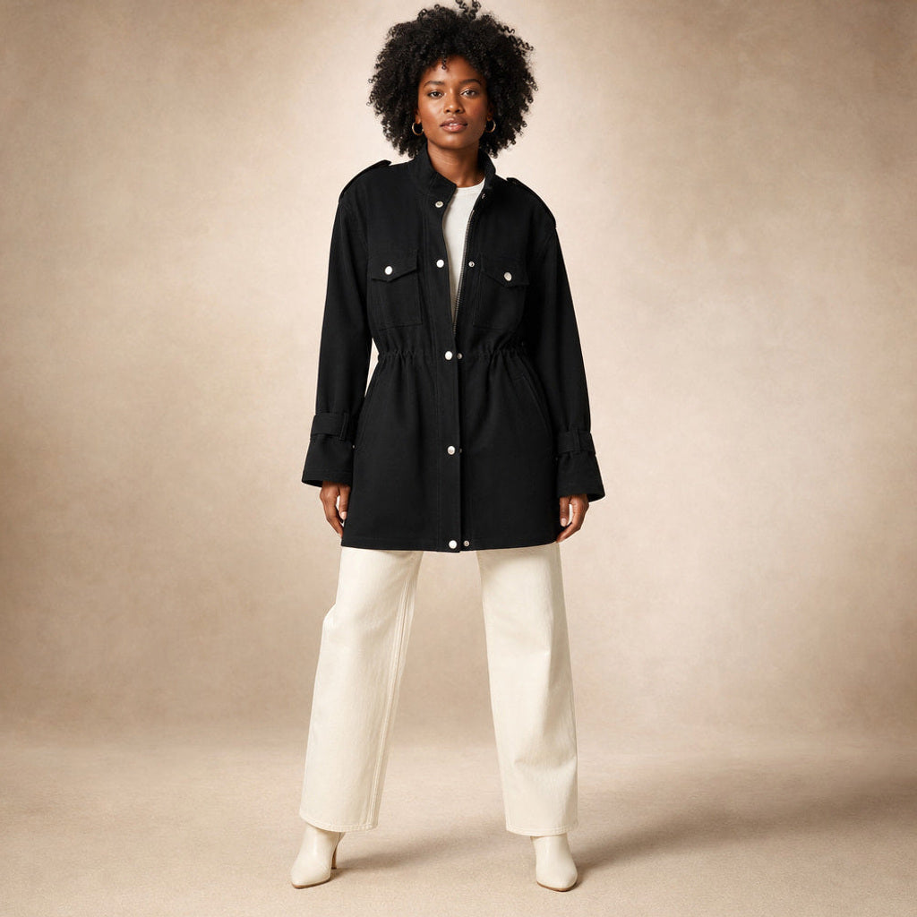 Gretel | Kurzer Trenchcoat mit Bindegürtel in Schwarz – Premium Editorial