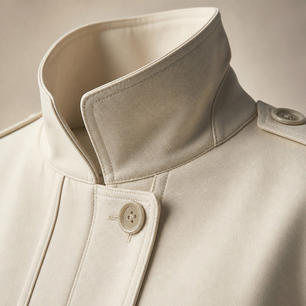 Gretel | Kurzer Trenchcoat mit Bindegürtel Weiß – Stoff- und Detailaufnahme
