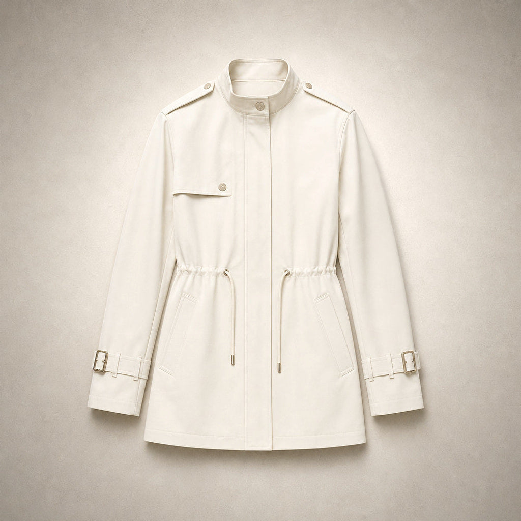 Gretel | Kurzer Trenchcoat mit Bindegürtel Weiß – Flatlay-Produktfoto