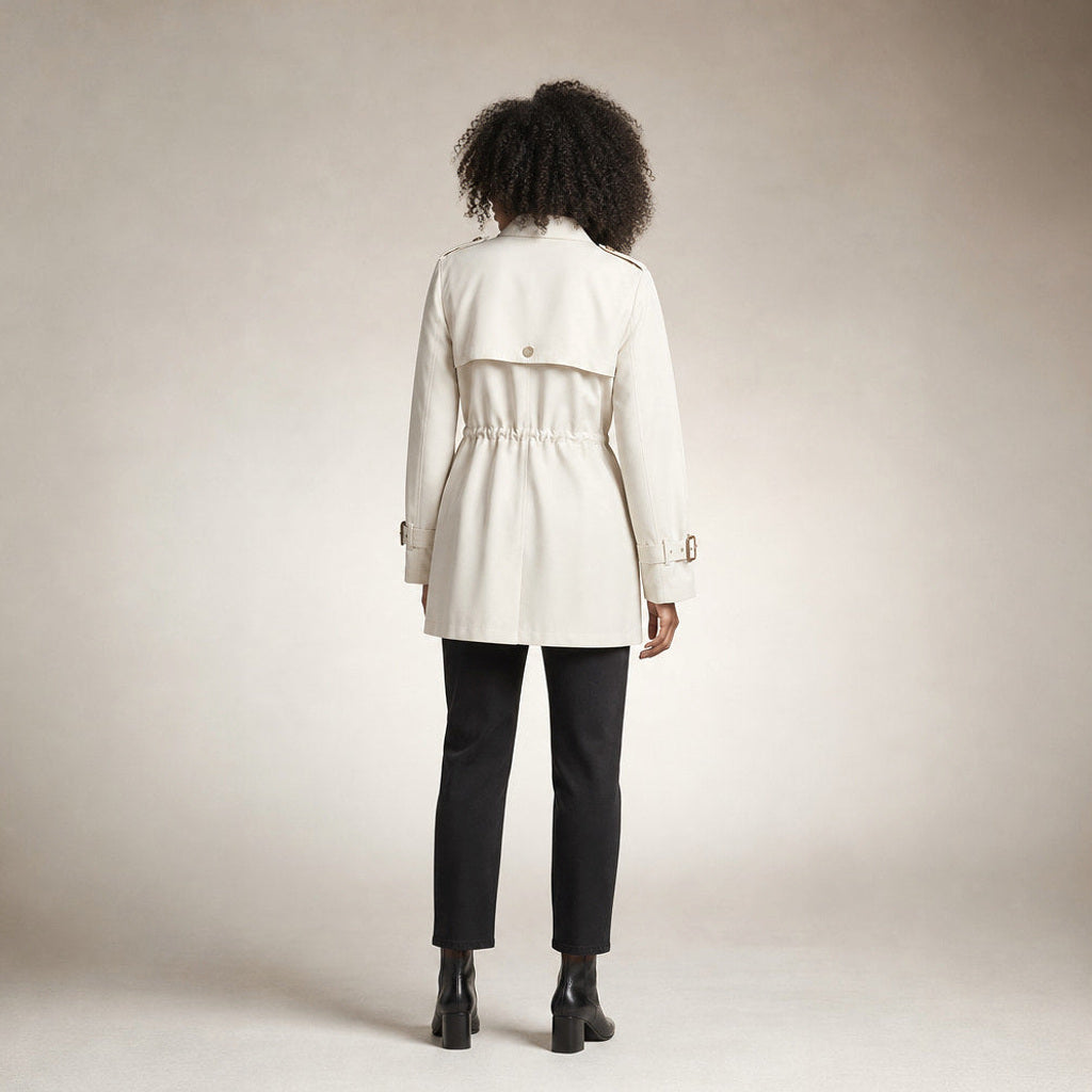 Gretel | Kurzer Trenchcoat mit Bindegürtel Weiß – Gesamtlook