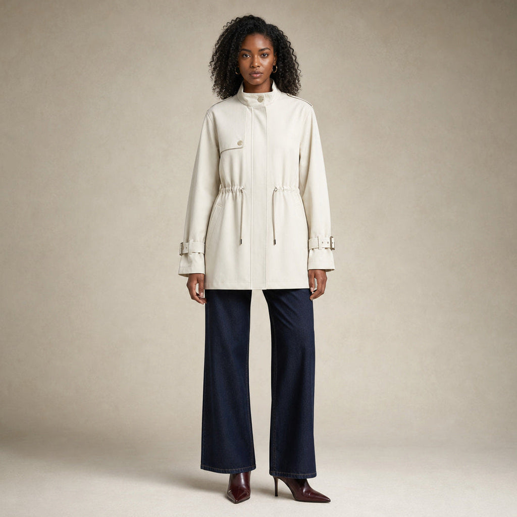 Gretel | Kurzer Trenchcoat mit Bindegürtel in Weiß – Premium Editorial