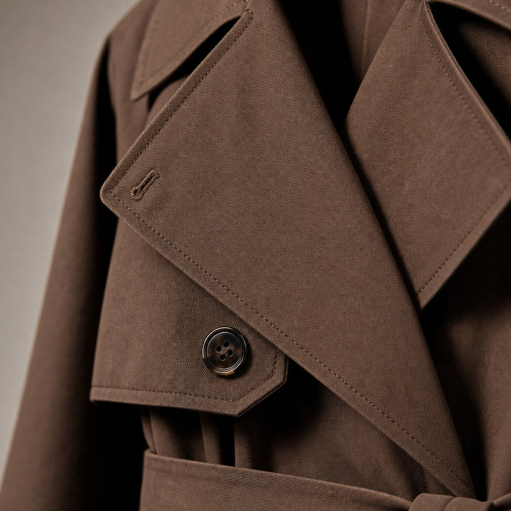 Gundlinde | Kurzer Trenchcoat mit Bindegürtel Braun – Stoff- und Detailaufnahme