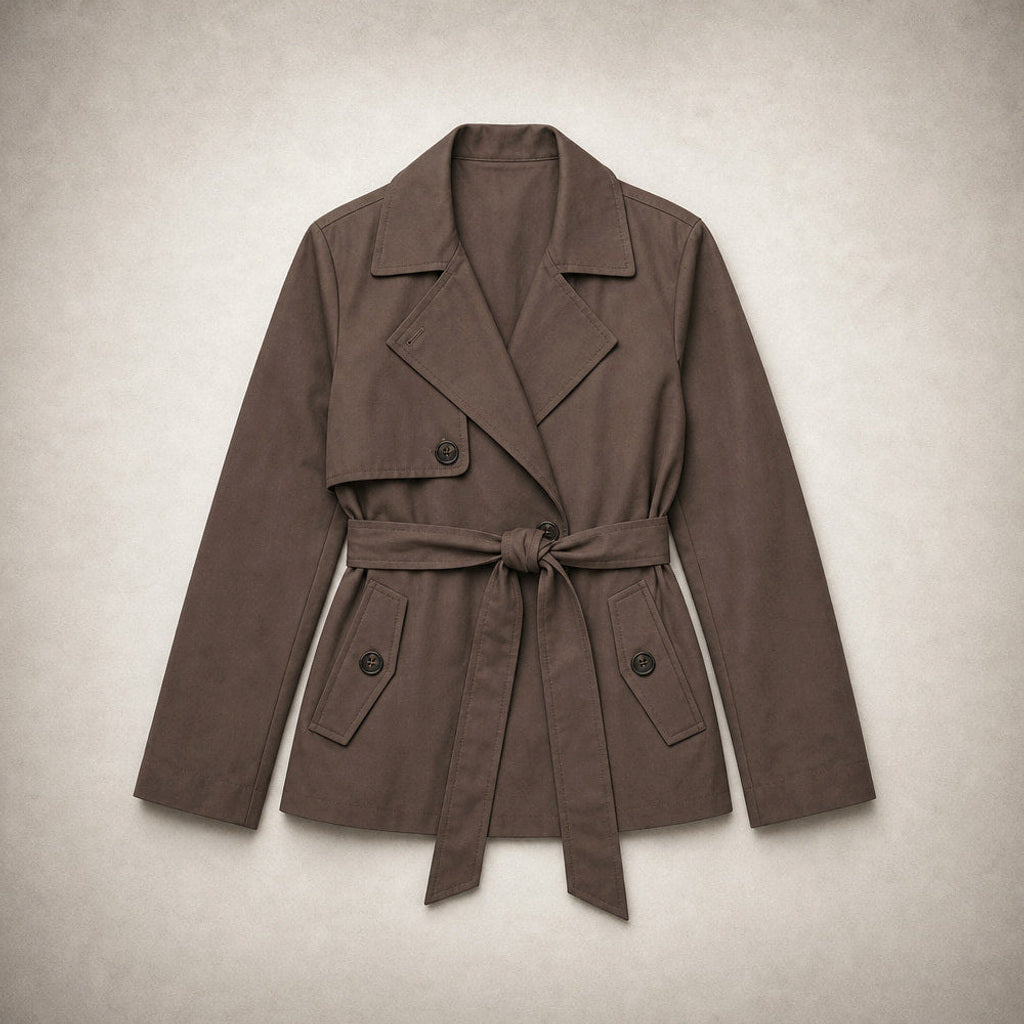 Gundlinde | Kurzer Trenchcoat mit Bindegürtel Braun – Flatlay-Produktfoto