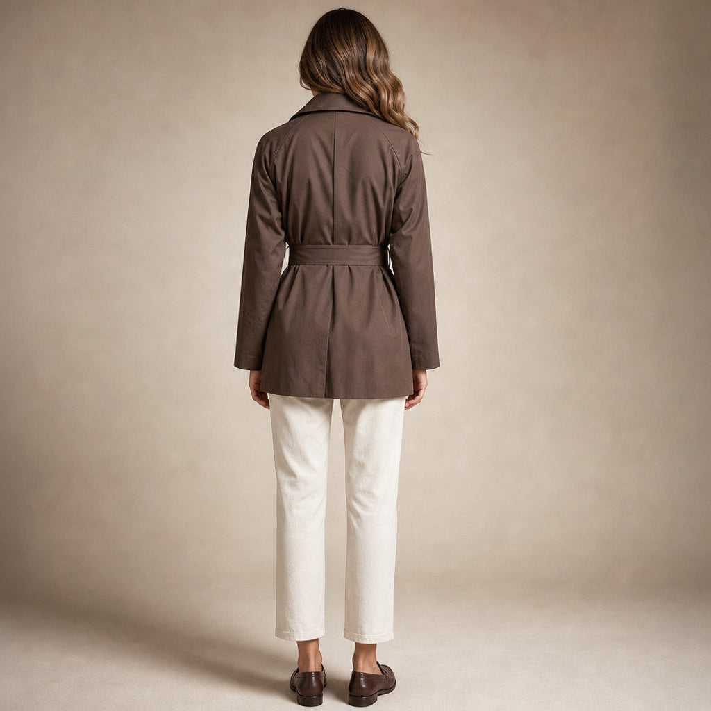 Gundlinde | Kurzer Trenchcoat mit Bindegürtel Braun – Gesamtlook