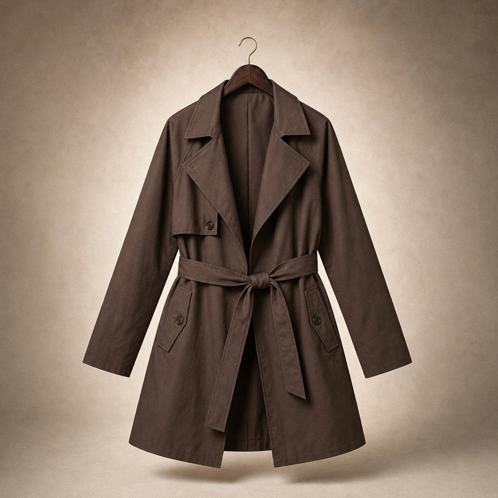 Gundlinde | Kurzer Trenchcoat mit Bindegürtel Braun – Produktfoto