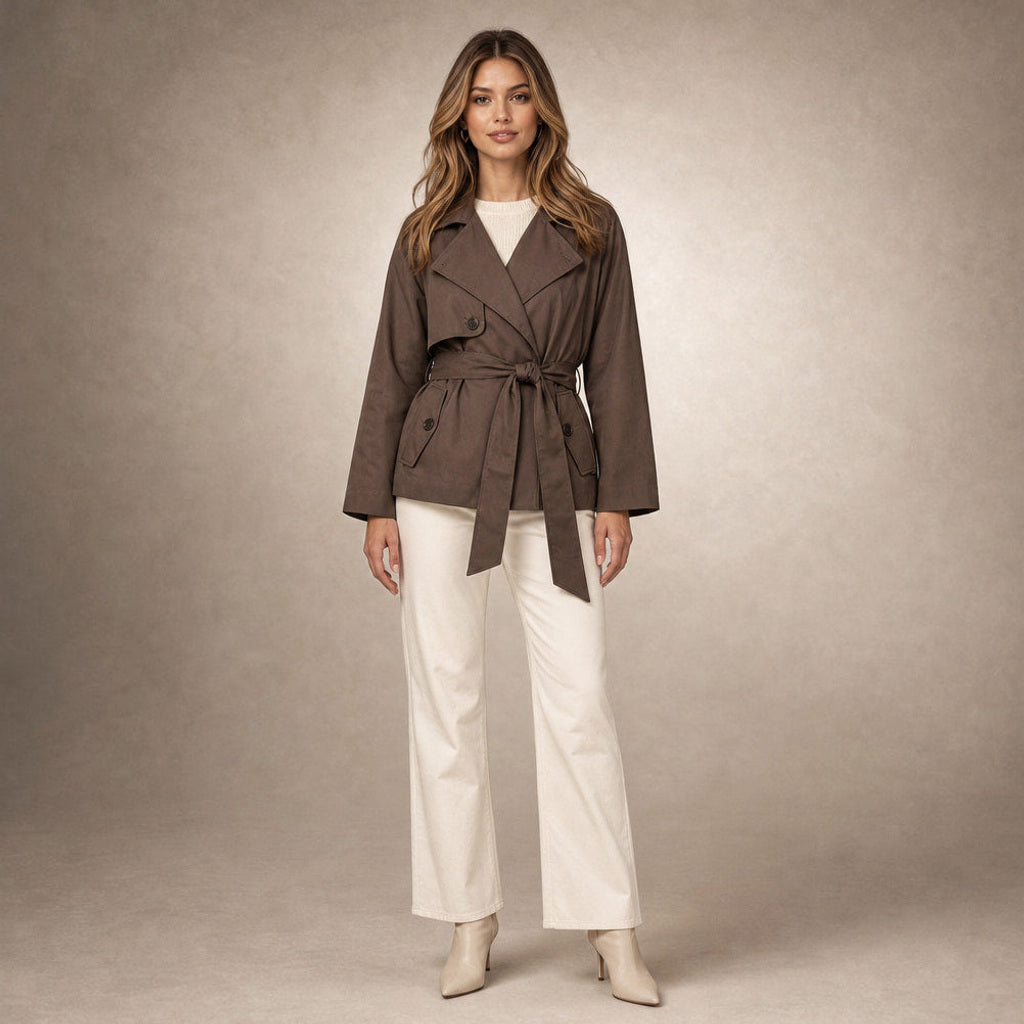 Gundlinde | Kurzer Trenchcoat mit Bindegürtel in Braun – Premium Editorial