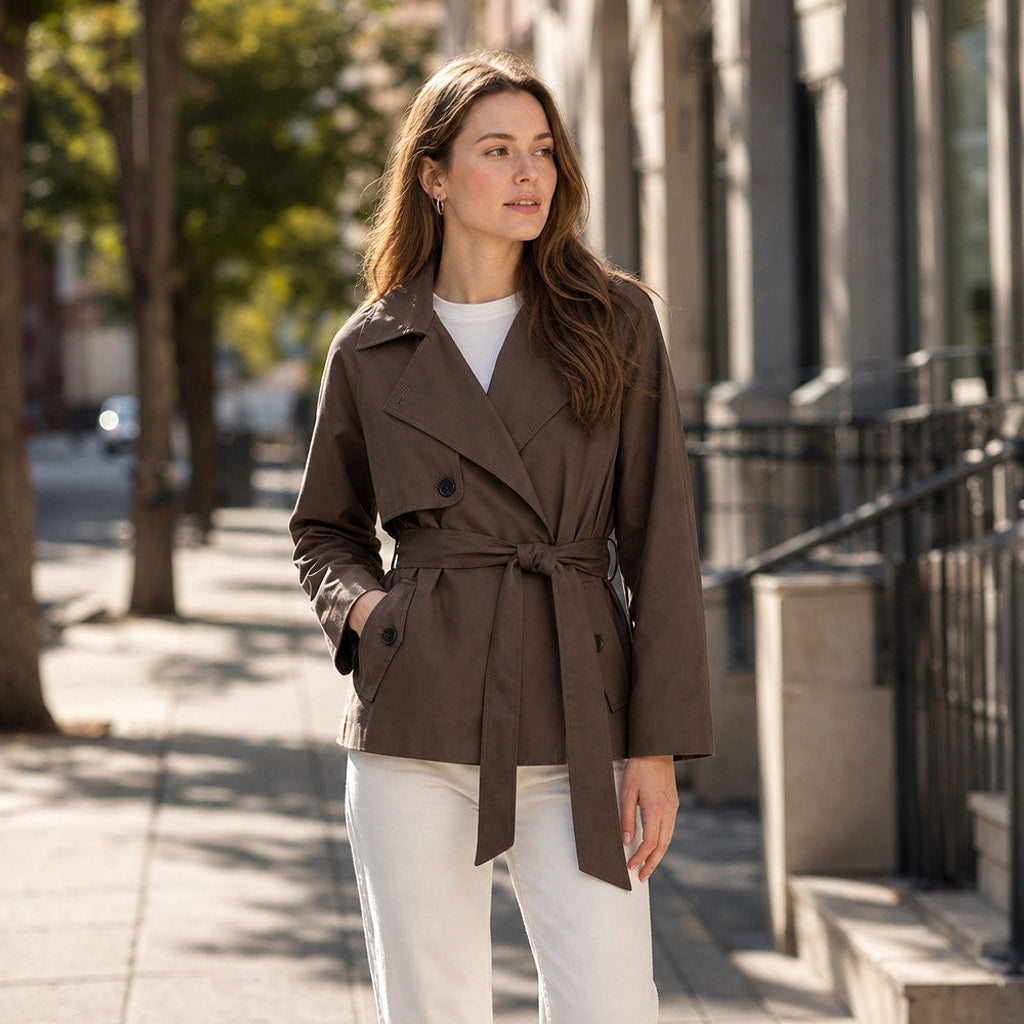 Gundlinde | Kurzer Trenchcoat mit Bindegürtel Braun – Gestyltes Editorial-Foto