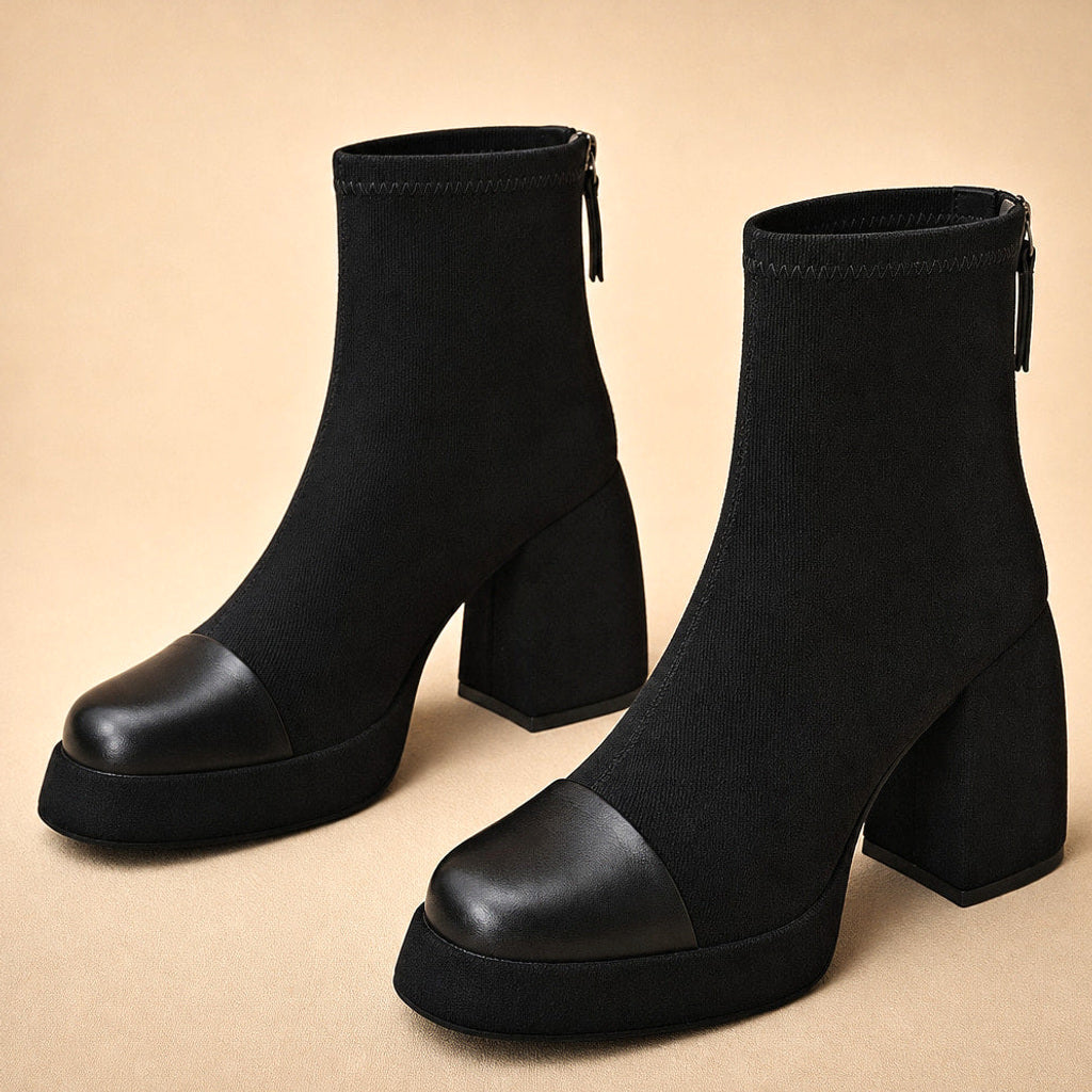 Gunhild | Chelsea Boots mit Gummizug und Polstersohle Schwarz – Stoff- und Detailaufnahme