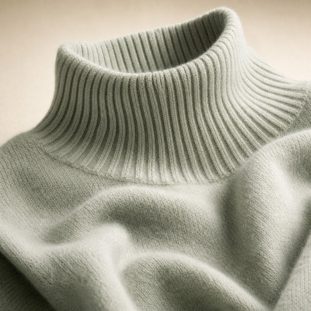 Gunnhild | Rollkragenpullover mit Ripp-Bündchen Hellgrün – Stoff- und Detailaufnahme