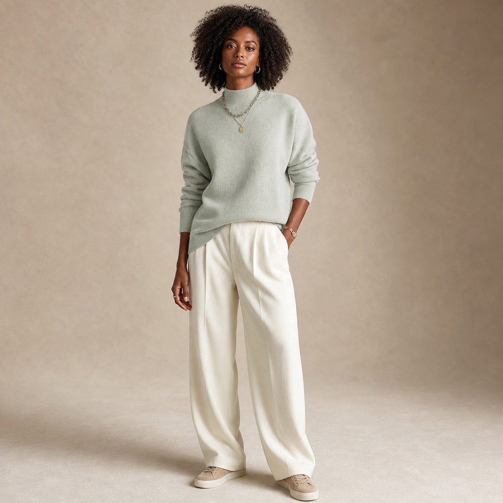 Gunnhild | Rollkragenpullover mit Ripp-Bündchen Hellgrün – Gesamtlook