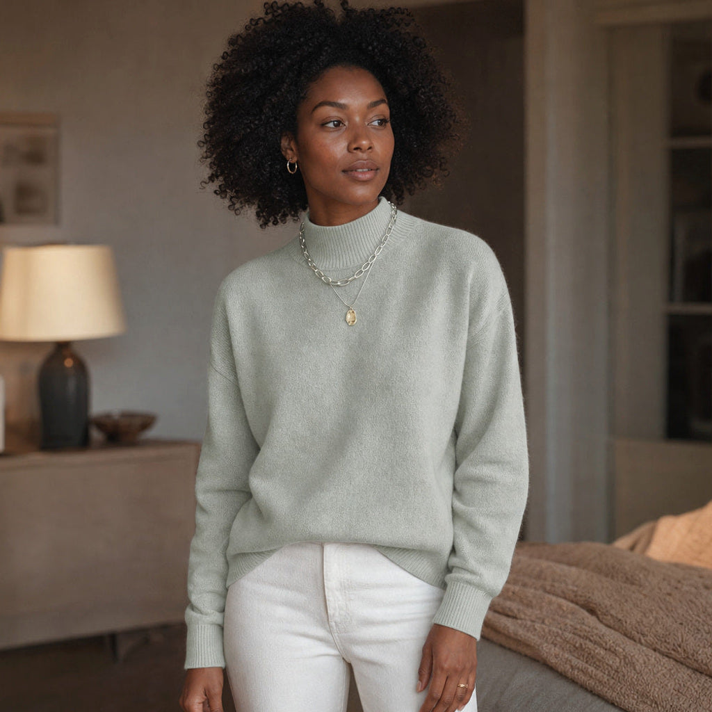 Gunnhild | Rollkragenpullover mit Ripp-Bündchen Hellgrün – Gestyltes Editorial-Foto
