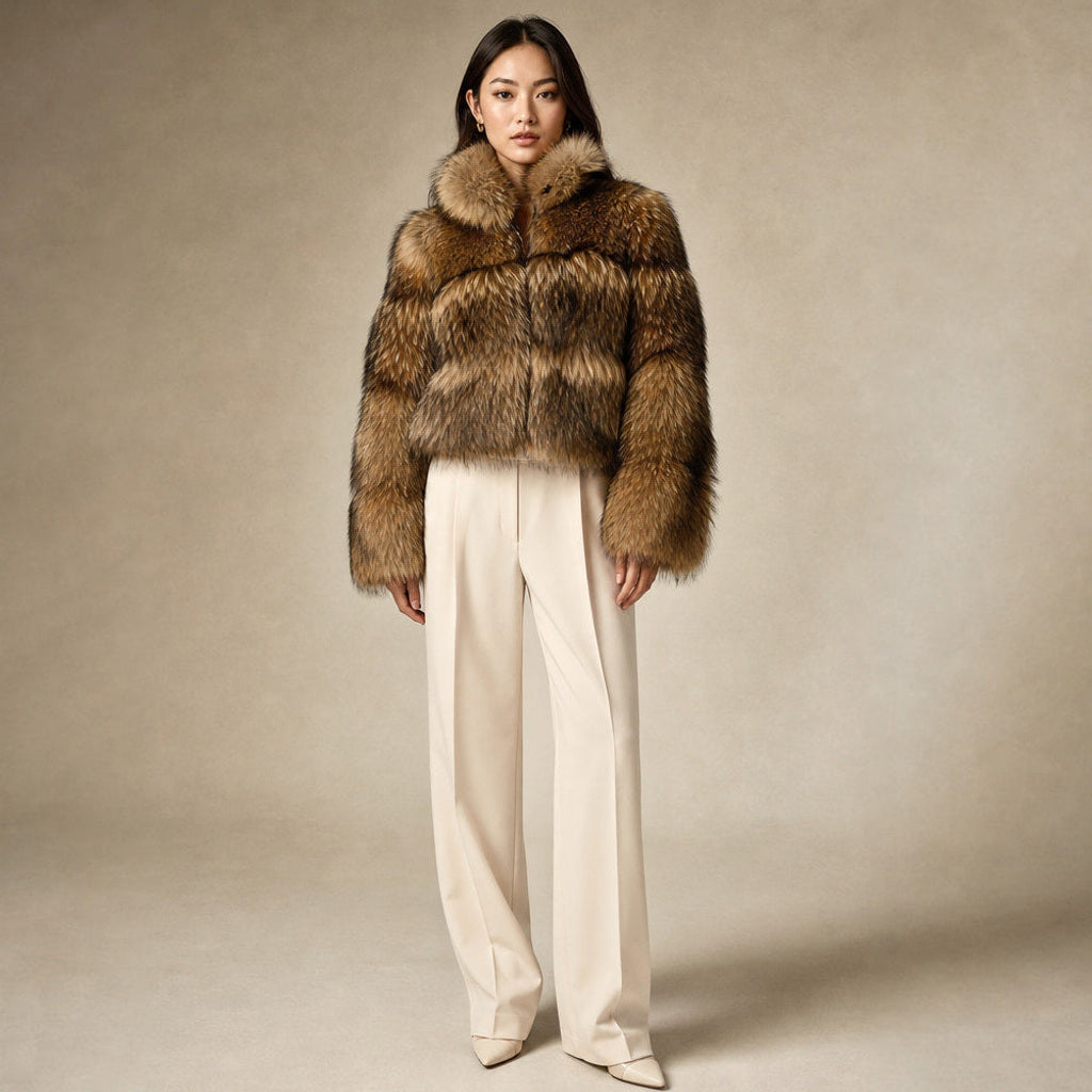 Hadwig | Kunstfelljacke mit taillierter Silhouette in Braun – Premium Editorial
