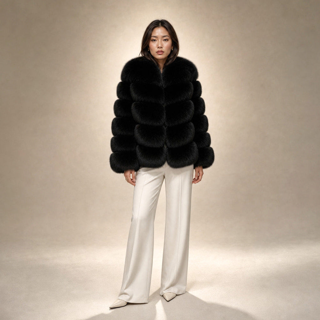 Hadwig | Kunstfelljacke mit taillierter Silhouette in Schwarz – Premium Editorial