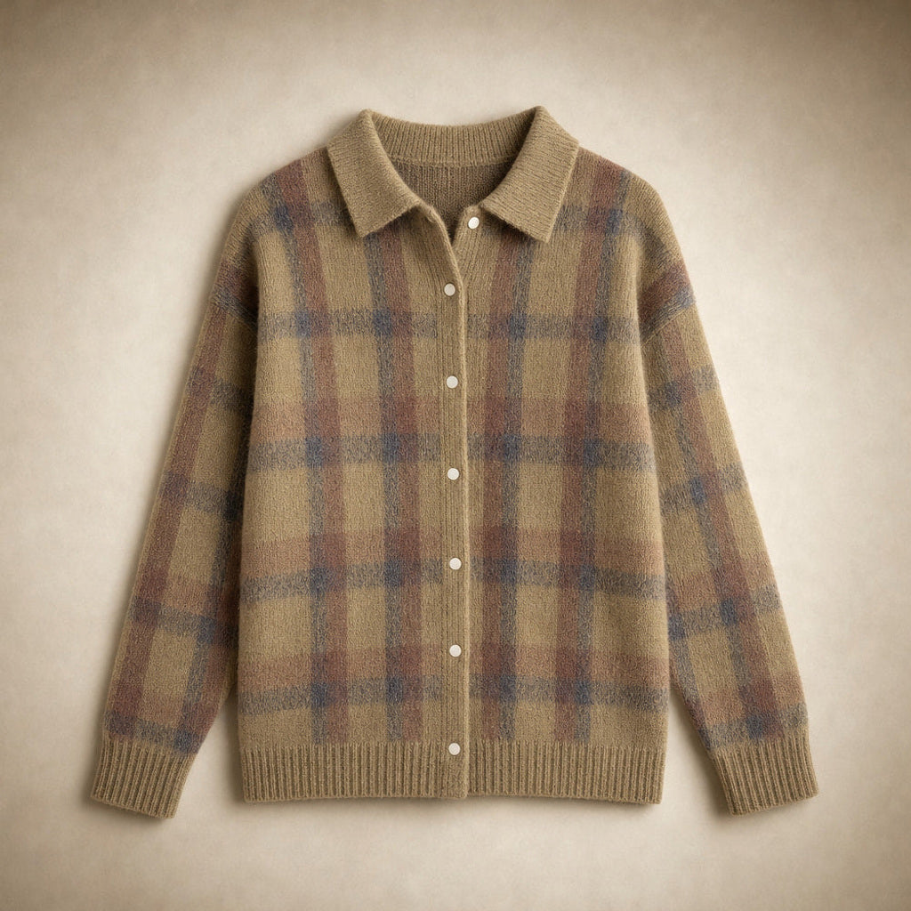 Hannelore | Strickjacke mit Karomuster offener Front Braun – Produktfoto