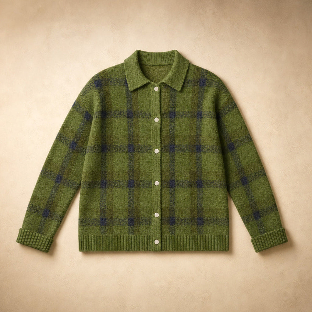 Hannelore | Strickjacke mit Karomuster offener Front Grün – Produktfoto