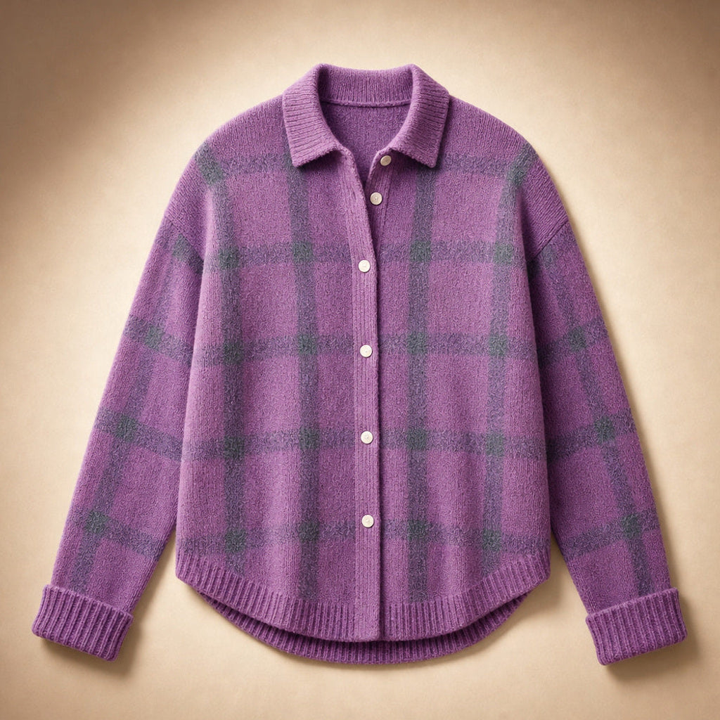 Hannelore | Strickjacke mit Karomuster offener Front Lila – Produktfoto