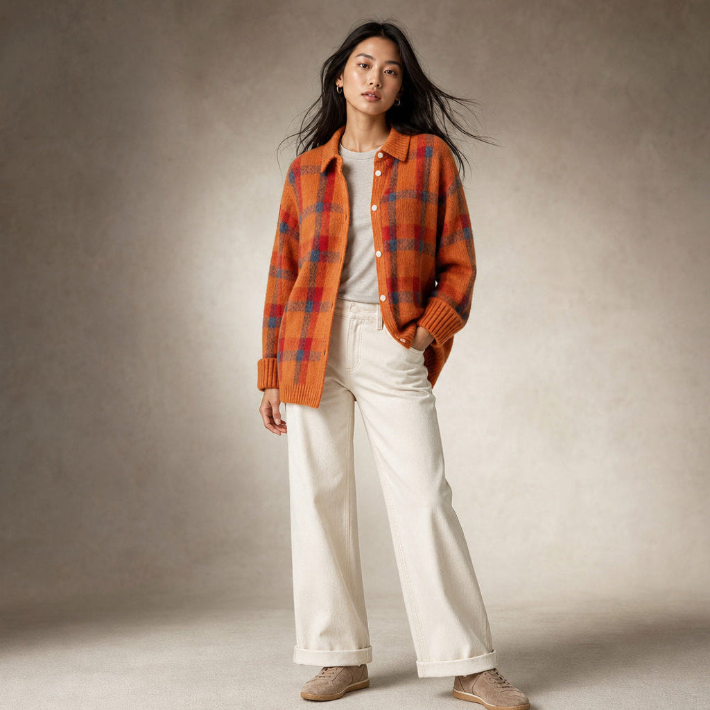 Hannelore | Strickjacke mit Karomuster offener Front Orange – Seitenansicht