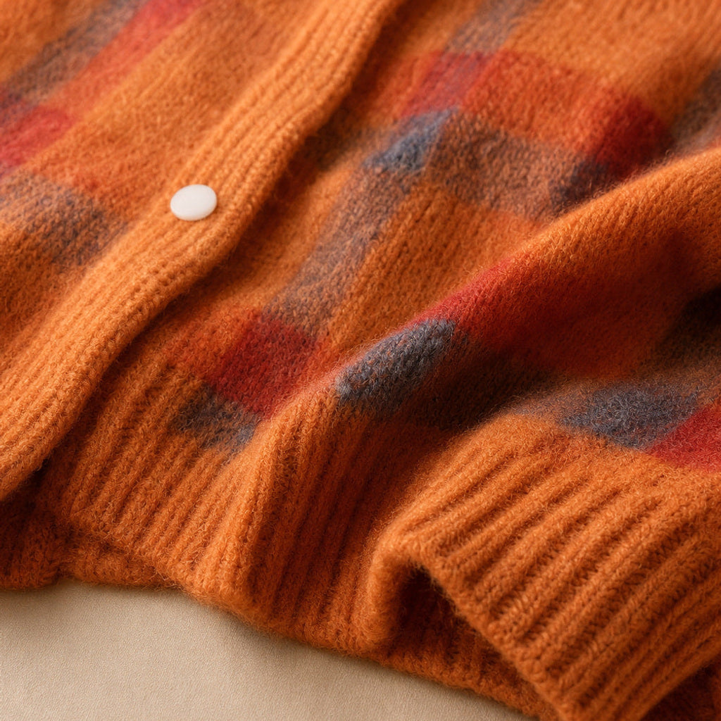 Hannelore | Strickjacke mit Karomuster offener Front Orange – Stoff- und Detailaufnahme
