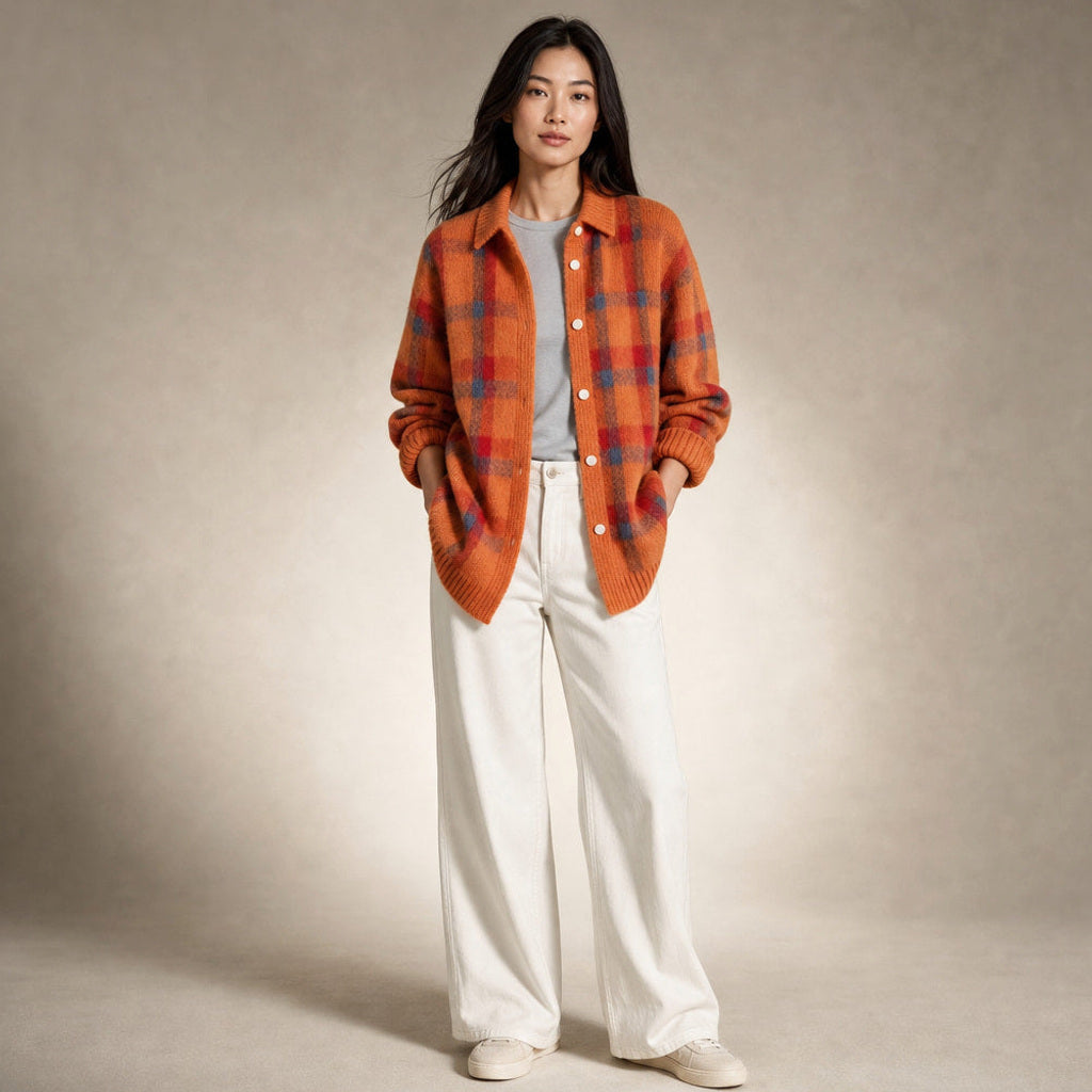 Hannelore | Strickjacke mit Karomuster offener Front Orange – Gesamtlook