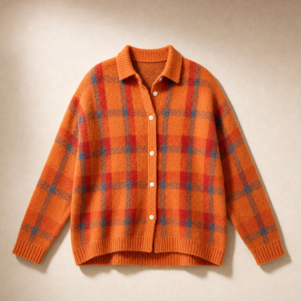 Hannelore | Strickjacke mit Karomuster offener Front Orange – Produktfoto