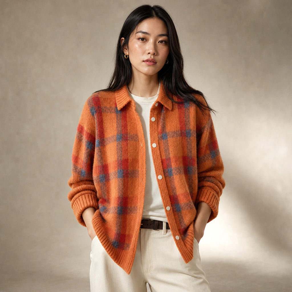 Hannelore | Strickjacke mit Karomuster offener Front in Orange – Premium Editorial