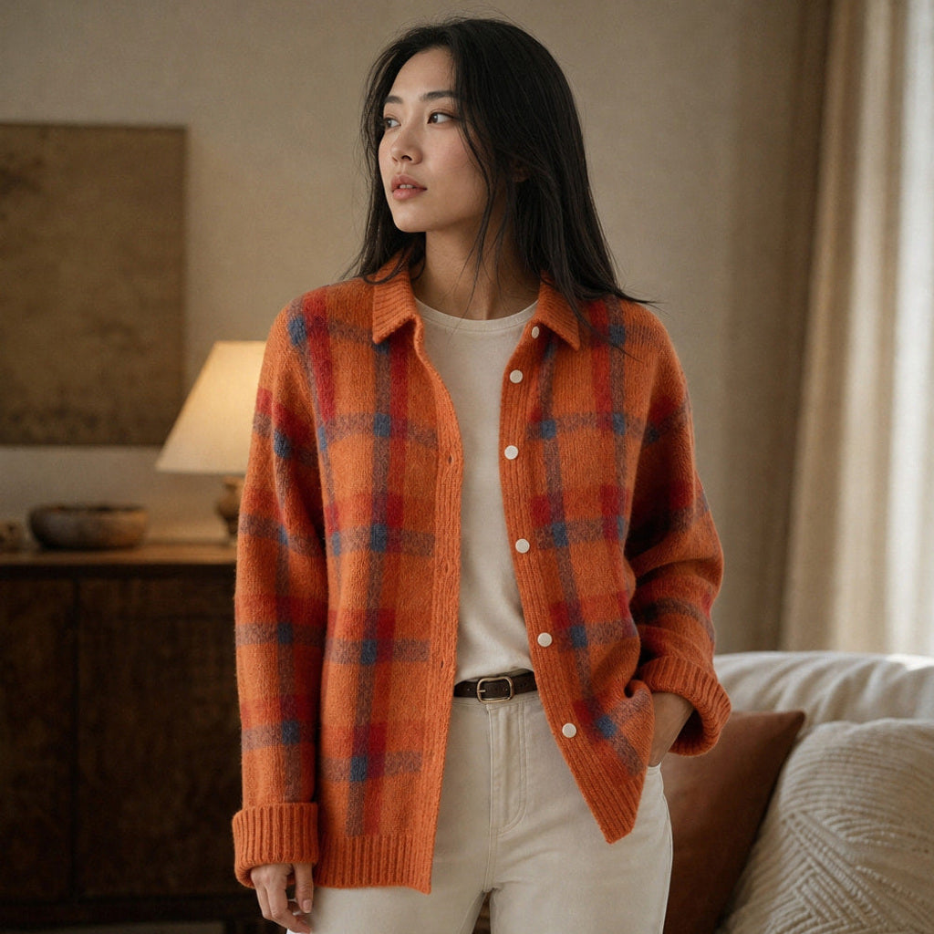 Hannelore | Strickjacke mit Karomuster offener Front Orange – Gestyltes Editorial-Foto