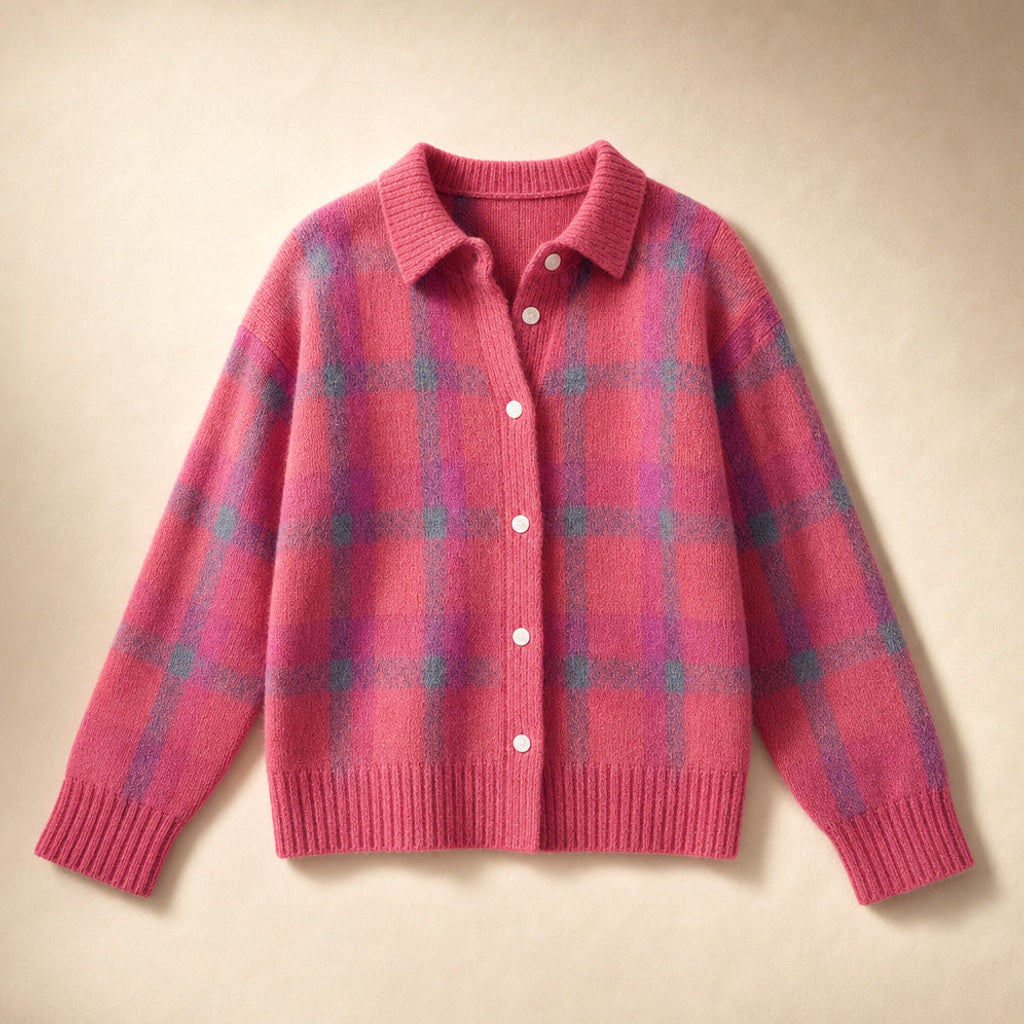 Hannelore | Strickjacke mit Karomuster offener Front Pink – Produktfoto