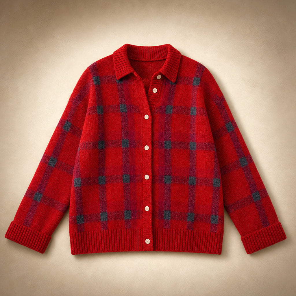 Hannelore | Strickjacke mit Karomuster offener Front Rot – Produktfoto