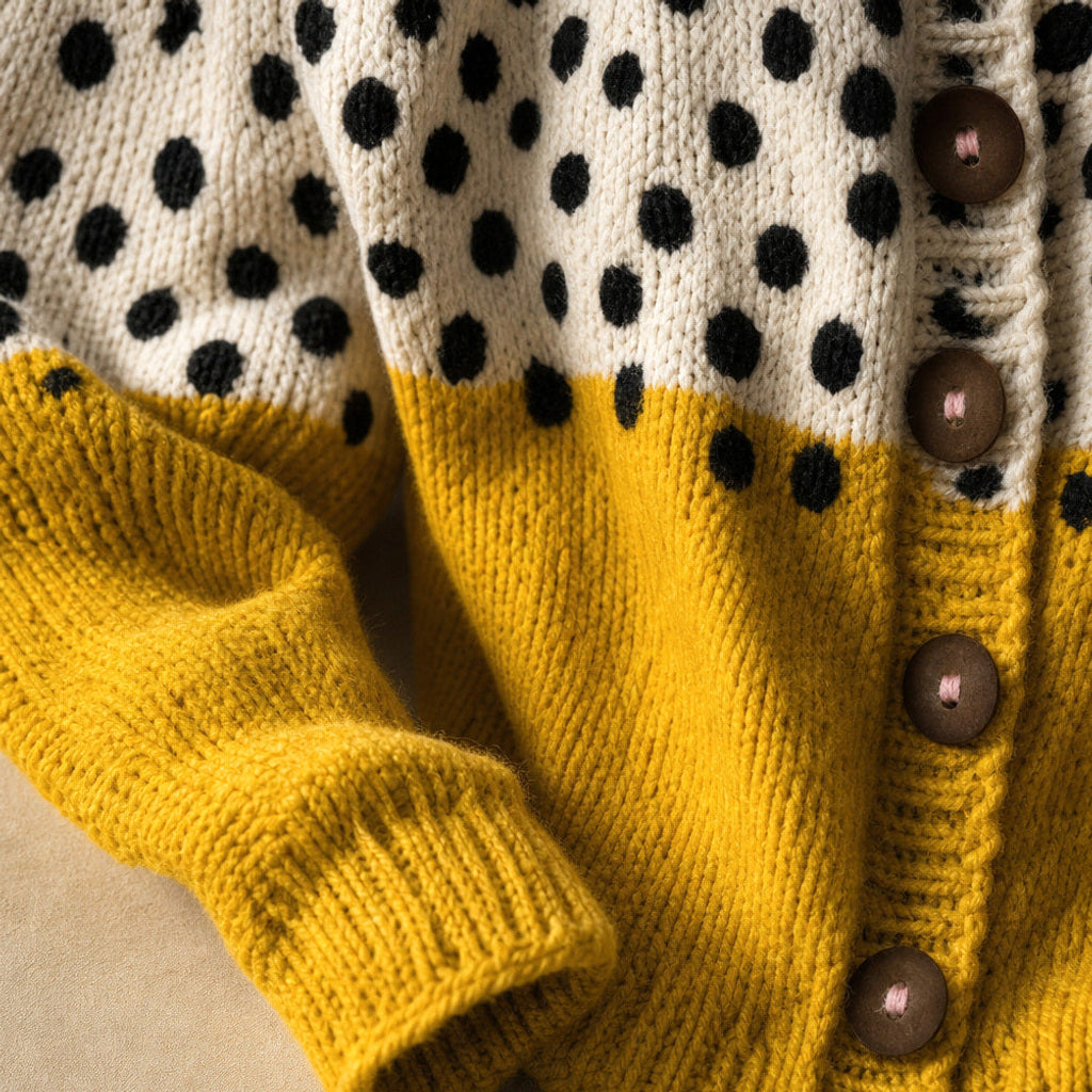 Hedwige | Strickjacke mit Punktmuster und Holzknöpfen – Stoff- und Detailaufnahme
