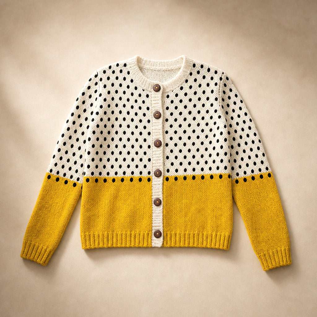 Hedwige | Strickjacke mit Punktmuster und Holzknöpfen – Produktfoto