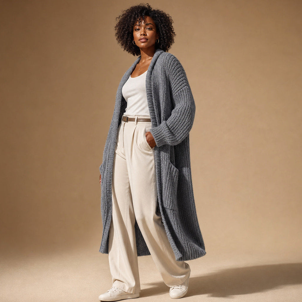Heiltraud | Lange Strickjacke mit offener Front – Seitenansicht