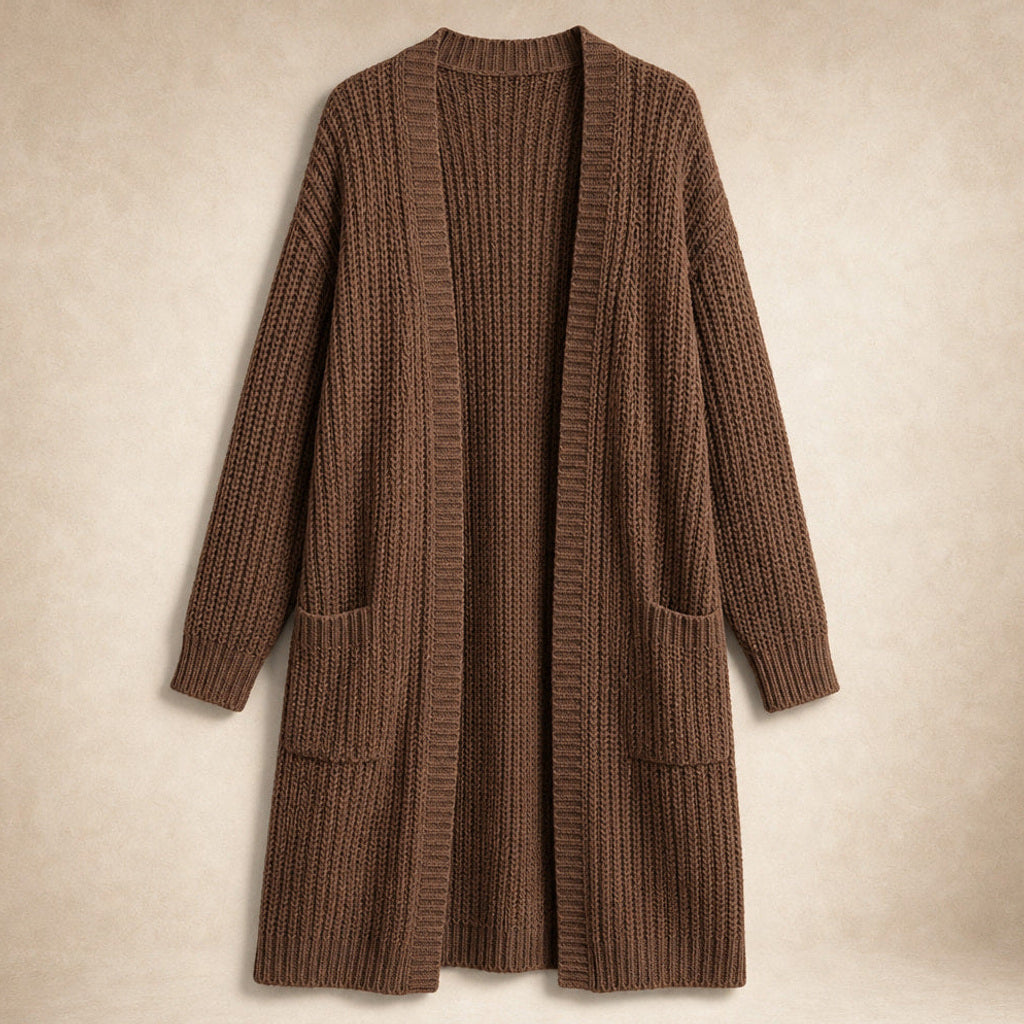 Heiltraud | Lange Strickjacke mit offener Front Braun – Produktfoto