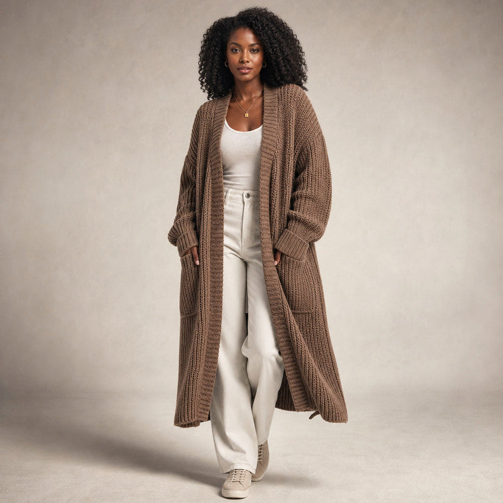 Heiltraud | Lange Strickjacke mit offener Front in Braun – Premium Editorial